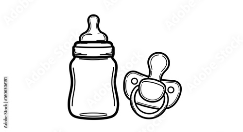 Baby bottle and pacifier vector illustration for newborn essentials and childcare products design element