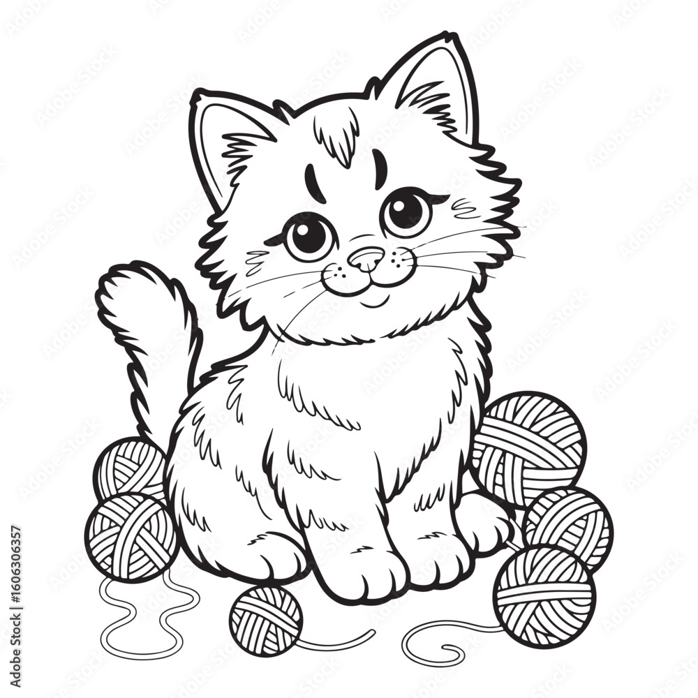 Cartoon kitten sitting with balls of yarn coloring page art Cartoon kitten sitting with balls of yarn coloring page art