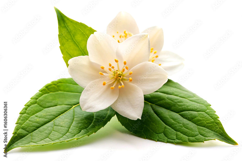 Obraz premium Delicate White Jasmine Flowers on Minimal White Background with Soft Natural Light, Generative AI