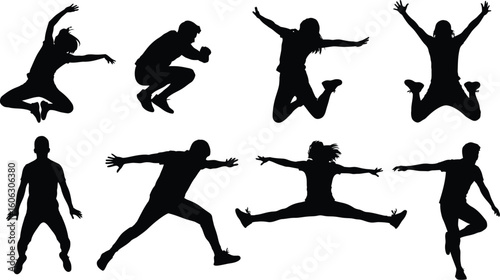 Vector art of silhouettes of people jumping and exercising , showcasing dynamic action and fitness