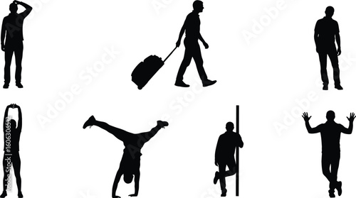 Vector art of silhouettes of people in various poses and activities, including traveling, stretching, and handstands