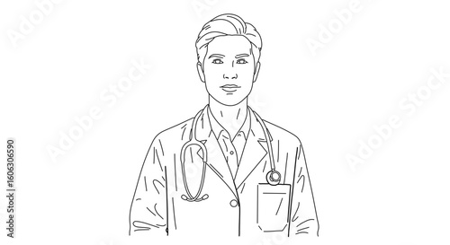 Doctor outline drawing professional medical staff healthcare worker with stethoscope and lab coat vector art