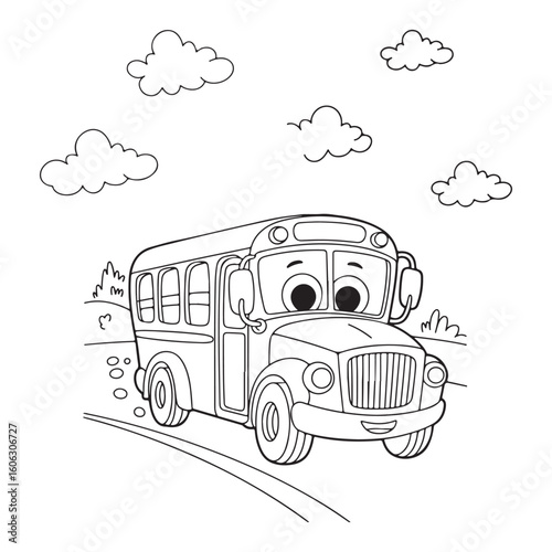 Cartoon school bus with eyes and clouds coloring page art