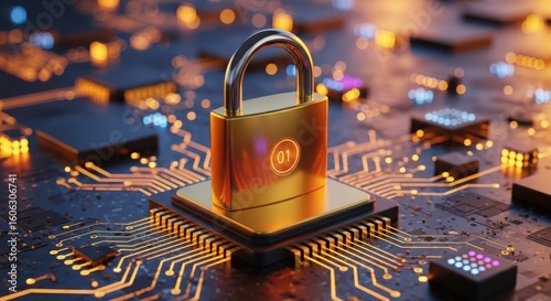 Golden padlock on circuit board with glowing orange lines and blue lights technology security