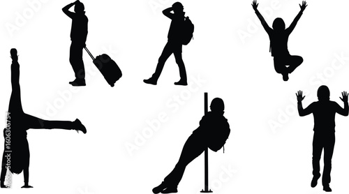Vector art of silhouettes of people in various activities, including traveling, handstands, and leaning on a pole
