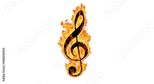 Burning treble clef music note illustration for musical composition and fiery melody design element