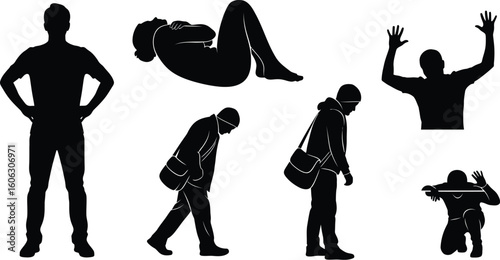 Vector art of silhouettes of people standing, lying, and kneeling 