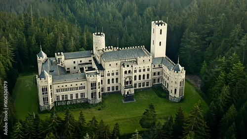 Aerial View of a Majestic Castle in a Forest