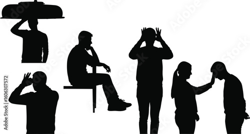 Vector art of silhouettes of people in various poses and interactions, including sitting, thinking, and offering support 