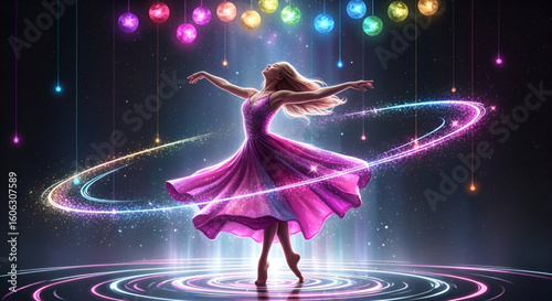 Graceful female dancer performing barefoot in glowing violet dress surrounded by magical swirling light trails and colorful lanterns in fantasy night background