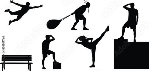 Vector art of silhouettes of people in action, falling, dragging, kicking, and contemplating 