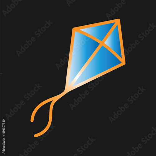Bright blue kite with orange frame and tail flying against dark background