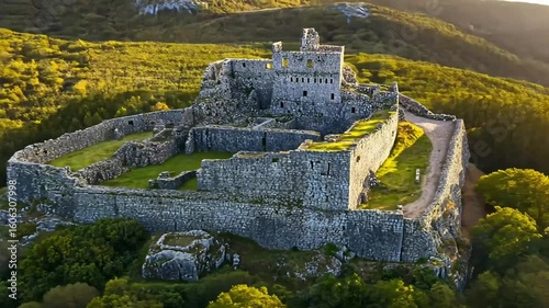 Aerial View of a Ruined Stone Fortress on a Hilltop