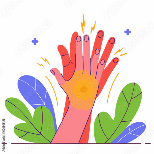 Illustration of painful hands with inflammation and plants