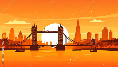 Tower Bridge silhouetted at sunset over the Thames. Stunning Tower Bridge at sunset with London skyline. Beautiful artwork of Tower Bridge in sunset glow. Tower Bridge in orange sunset with reflection