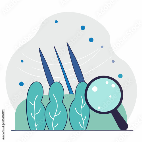 Hair root and scalp closeup with magnifying glass