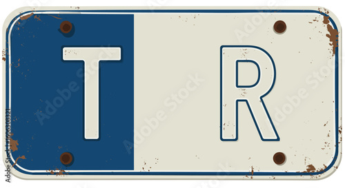 Isolated vintage license plate with blue and white coloring, featuring the letters "T" and "R", and showing signs of rust.