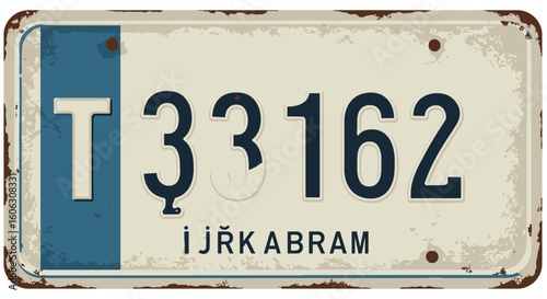 A weathered and aged license plate with blue and white coloring displays the characters "T 33162" and "I JRKABRAM" below.