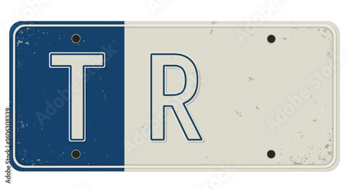 Vintage-style license plate with the letters T and R.