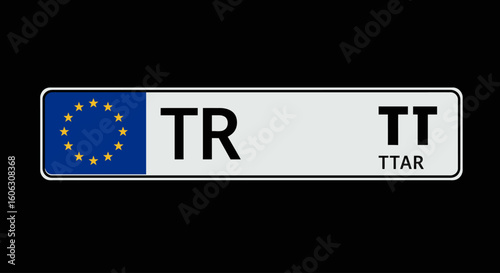 A European Union compliant Turkish vehicle license plate with the country code TR and alphanumeric characters TT.