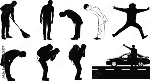 Vector art of silhouettes of people in various activities, including sweeping, bowing, carrying a backpack, and hailing a taxi