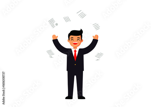  icon of a businessperson celebrating success by throwing papers in the air.