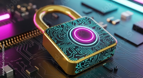 Golden padlock with glowing circuit board pattern on electronic components security technology