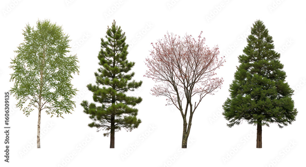Fototapeta premium Set of isolated deciduous and coniferous trees with transparent background, ideal for landscape design and digital artwork