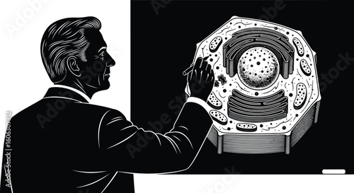 Vector art of a silhouette of a teacher explaining a cell diagram a blackboard