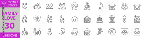 Family Love Icon Set – Editable Vector Illustrations for Parenthood, Togetherness, Home, Care, Relationship, Happiness, Support, Bonding, and Emotional Connection