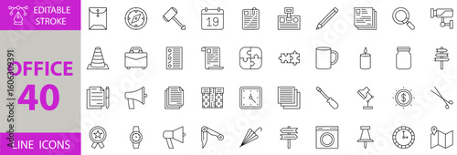 Office Icon Set – Editable Vector Illustrations for Workplace, Business, Teamwork, Documents, Communication, Desk Items, Meetings, Productivity, and Corporate Concepts