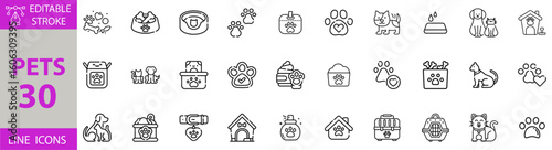 Pets Icon Set – Editable Vector Illustrations for Dogs, Cats, Pet Care, Animals, Veterinary, Pet Accessories, Adoption, Training, Grooming, and Friendly Companions