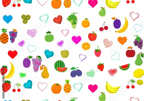 A delightful pattern of various fruits and hearts scattered on a white background creating a vibrant design