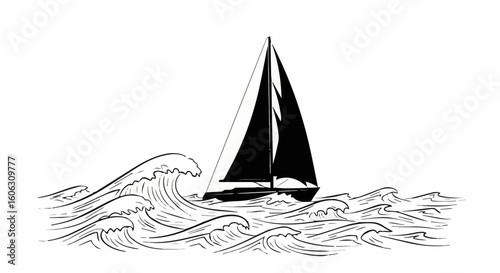 Sailboat sailing on the sea waves illustration black and white nautical adventure travel vacation voyage ocean 100