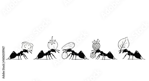 Illustration of ants carrying food and leaf black and white drawing vector image stock ant colony foraging insects