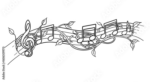 Floral musical notes vector illustration for music lovers and designers in black and white for creative projects