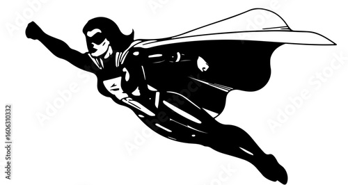 Superhero flying in action vector illustration comic book style character silhouette graphic art design