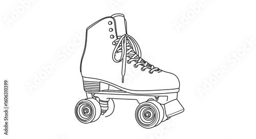 Roller skate outline drawing for skating rink design and roller derby illustration in black and white style