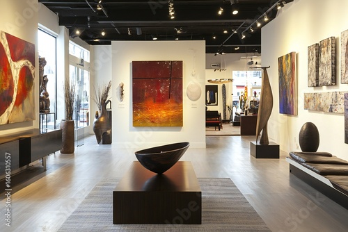 A chic home gallery with vibrant abstract artworks, created by ai
