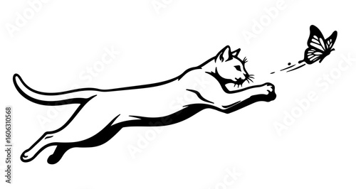 Cat chasing butterfly vector illustration black and white animal silhouette graphic design for print and web use