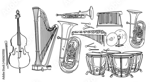 Orchestra musical instruments drawing: harp, tuba, timpani, xylophone, trombone, bass and percussion 100