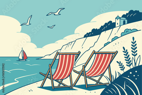 Coastal scene with deck chairs and sailboat beach ocean