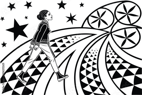 Woman walking amidst abstract geometric shapes and stars