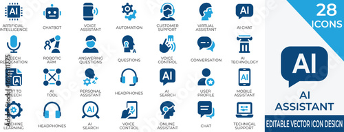 Clean modern solid icons for AI assistant, chatbot, automation, and voice assistant user interfaces. Perfect for SaaS, mobile apps, websites, and AI tech presentations.