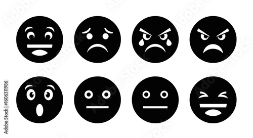 Eight black and white emoji icons displaying various emotions, including sadness, anger, surprise, and neutrality.