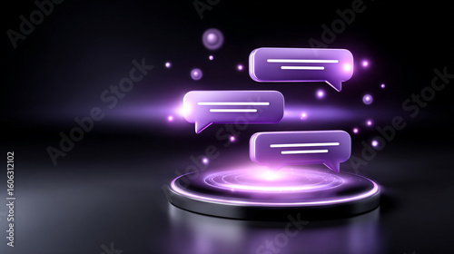 Three Purple Speech Bubble on Platform Glowing Digital Communication Concept