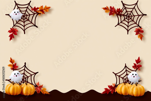 Halloween Frame With Ghost Pumpkin Spiderweb and Autumn Leaf Decoration on Beige Background