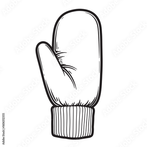 Black and white sketch of a winter mitten clothing accessory