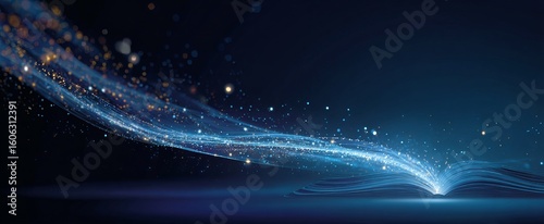 A dynamic light beam shines from above, as if coming out of an open book. Blue background with futuristic elements.