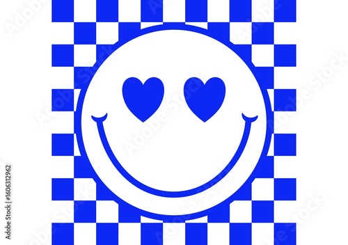 A blue and white smiley face with heart eyes on a blue and white checkered background design graphic
